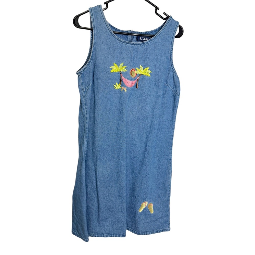C.B. Casual M Blue Denim Dress Tropical Palm Tree Embroidery Sleeveless Retro